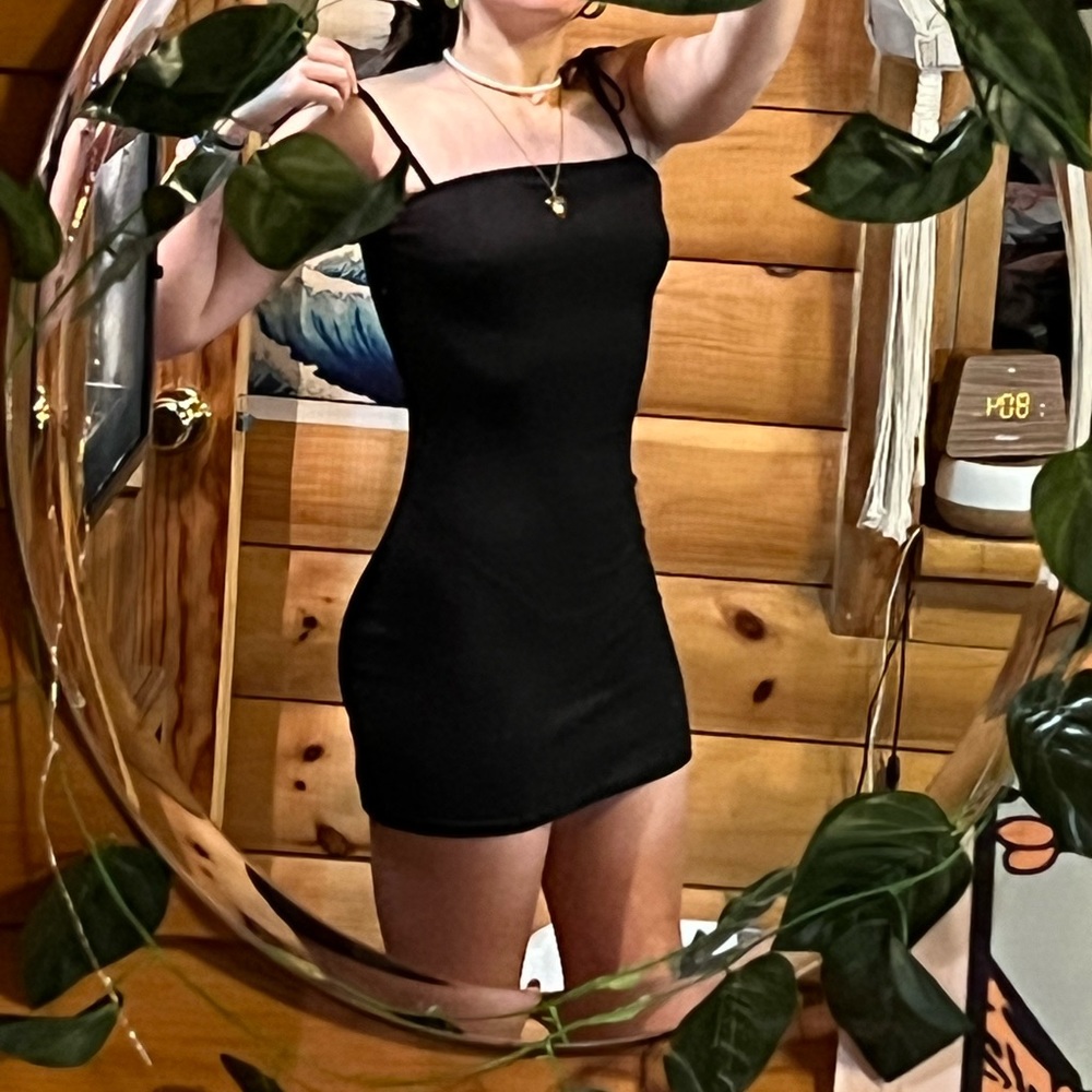 shein black mini dress with tied shoulders!